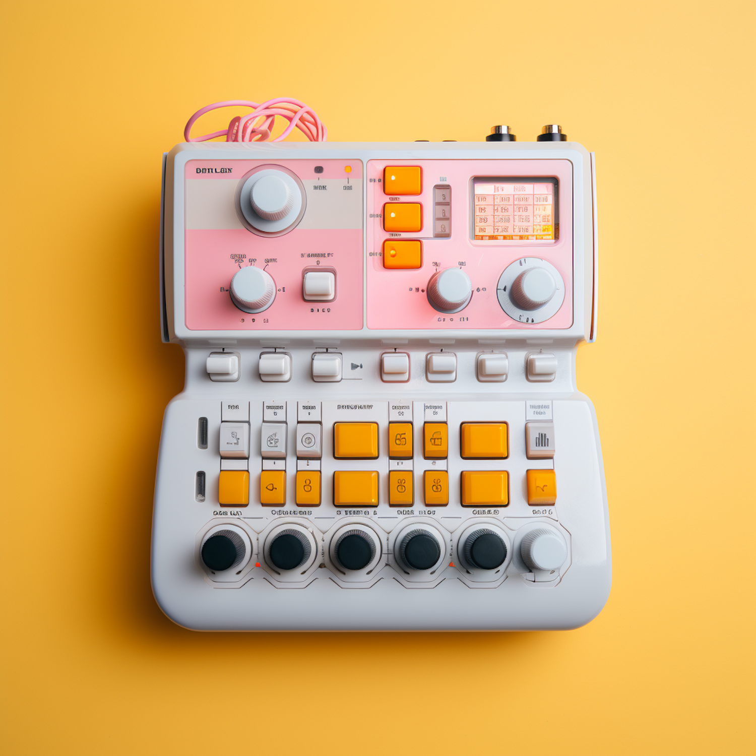 Close-up of a sampler with pads and knobs