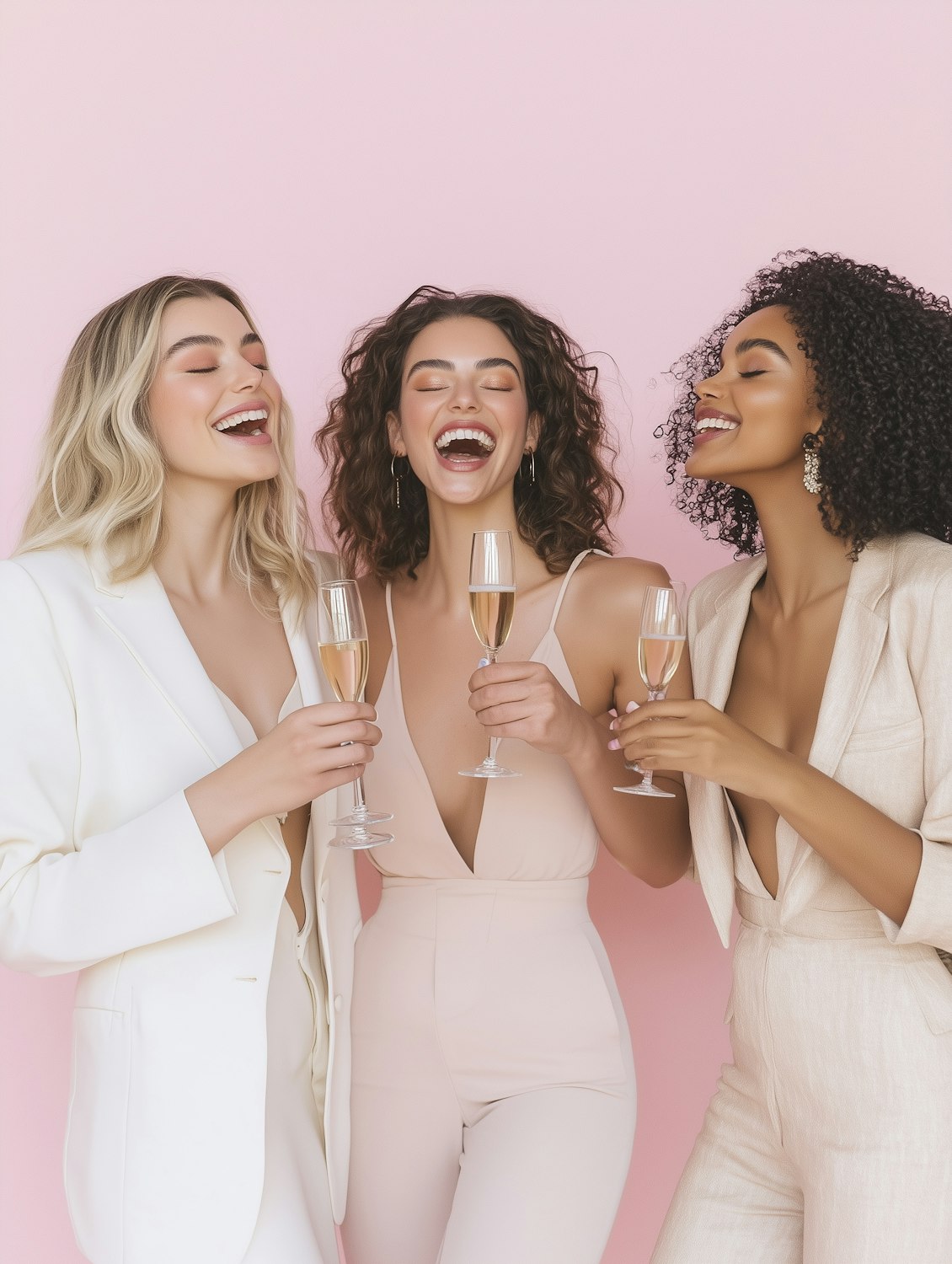 Three friends laughing and raising champagne glasses