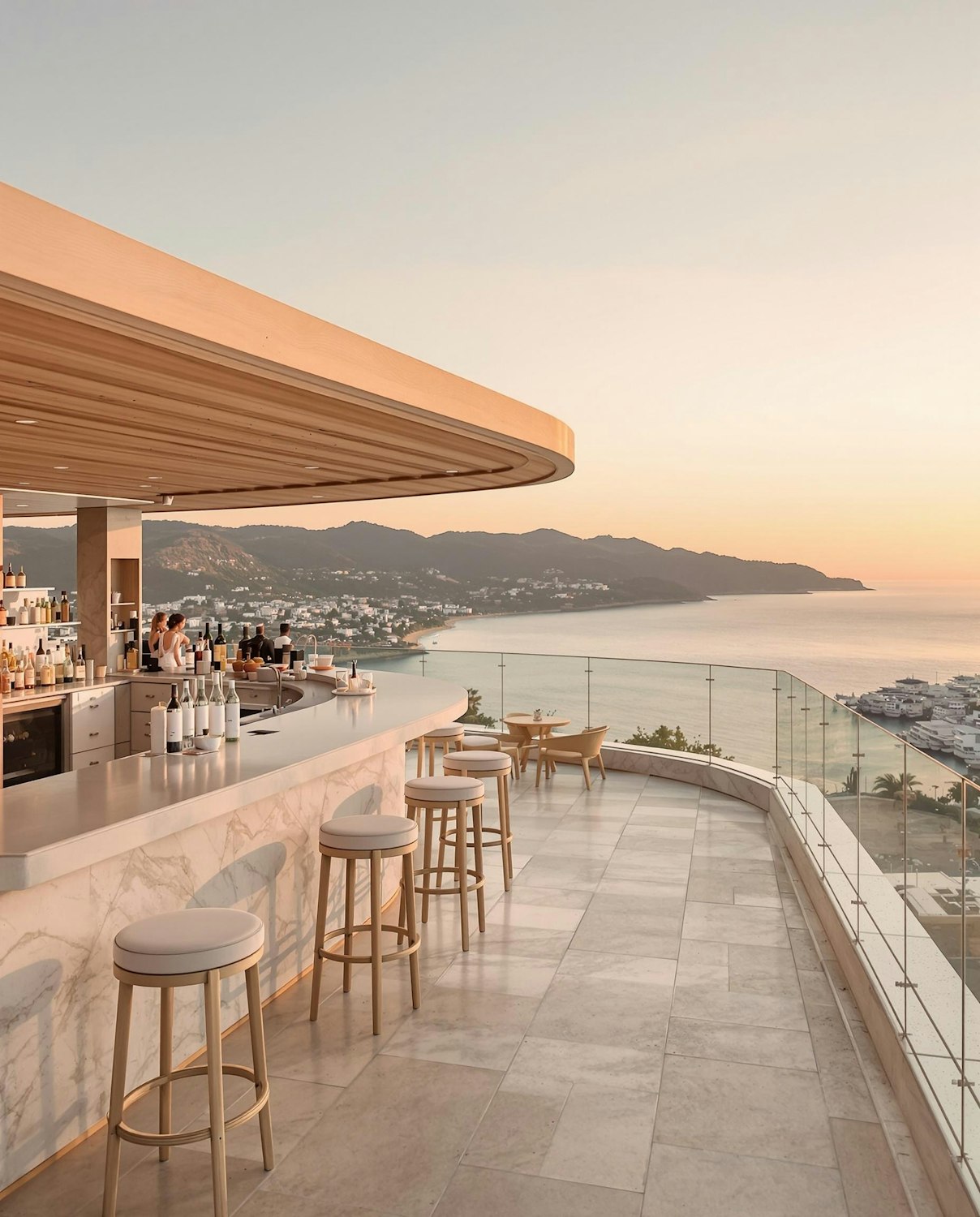 Open-air bar overlooking the sea at sunset